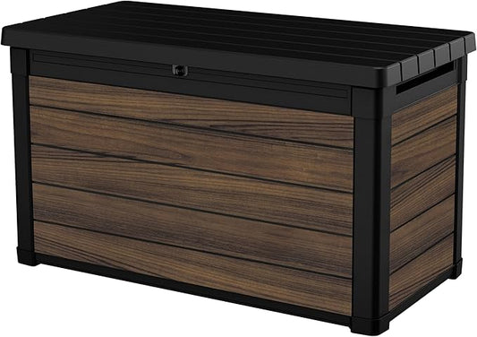 Keter Rosewood 100 Gallon Resin Deck Box Organization and Storage for Patio Furniture Outdoor Cushions, Throw Pillows, Garden Tools and Pool Toys Keter