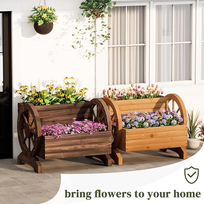 Wooden Wagon Planter Flower Cart with Wheels Garden Box Garden Planter, Decorative Planter for Flowers Herbs Vegetables for Indoor & Outdoor Décor Flower Cart for Patio Garden Balcony (Carbonized) PULIJIAJU