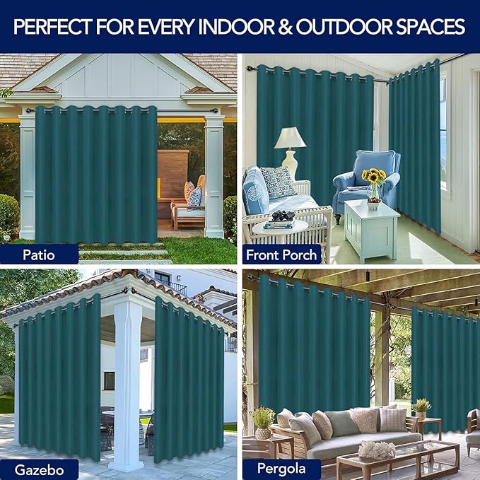 PureFit Outdoor Curtains for Patio Waterproof Weatherproof, UV Resistant Outside Curtains for Gazebo, Front Porch, Pergola, Sun Blocking Privacy Curtain, 120W x 108L inch, 1 Panel, Teal PureFit