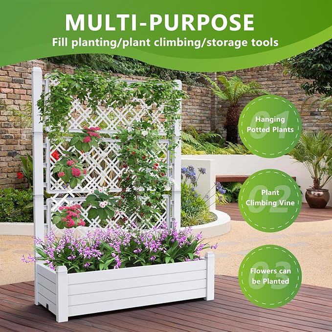 Raised Garden Bed with Trellis for Climbing Plants, 43.43" L x 18.27" W x 59.29" H Planter Box with Self Watering Drainage Holes for Outdoor Backyard Patio Balcony, Anti-Rust Resin (Ashen) OutdoorLivingPerfected