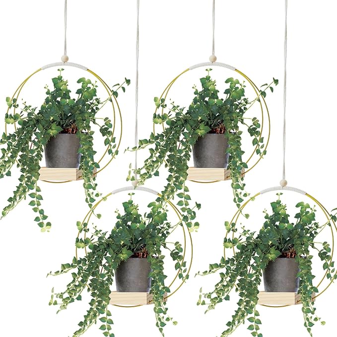 Geelin 4 Pack Plant Hanger with Wood Base Hanging Window Planter Boho Macrame Hanging Potted Plant Holders for Indoor Outdoor Window Wall Ceiling Home Decoration, Pot & Sapling Not Included(Gold) Geelin