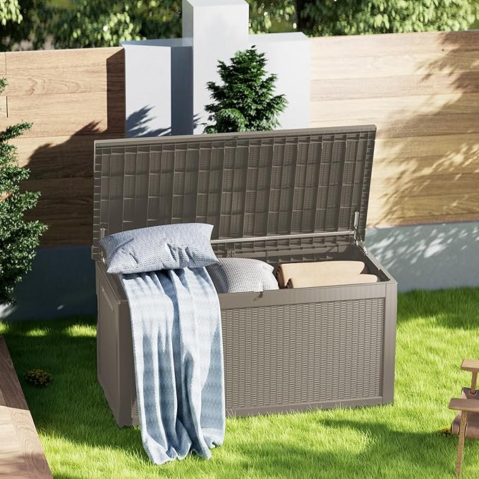 TARKARI 320 Gallon Lockable Resin Deck Box, Waterproof & UV-Resistant Outdoor Storage Box for Outdoor Cushion Storage, Garden Tools & Pool Accessories Storage, Gray Home