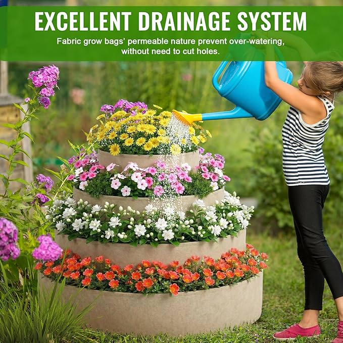 4 Pcs Plant Grow Bags 4 Tiered Strawberry Planter Tower Fabric Raised Garden Beds, 39 Inch Nonwoven Strawberry Pyramid Planter for Vegetables Flower Herbs Gardening Outdoor Growing (Khaki) Rootora