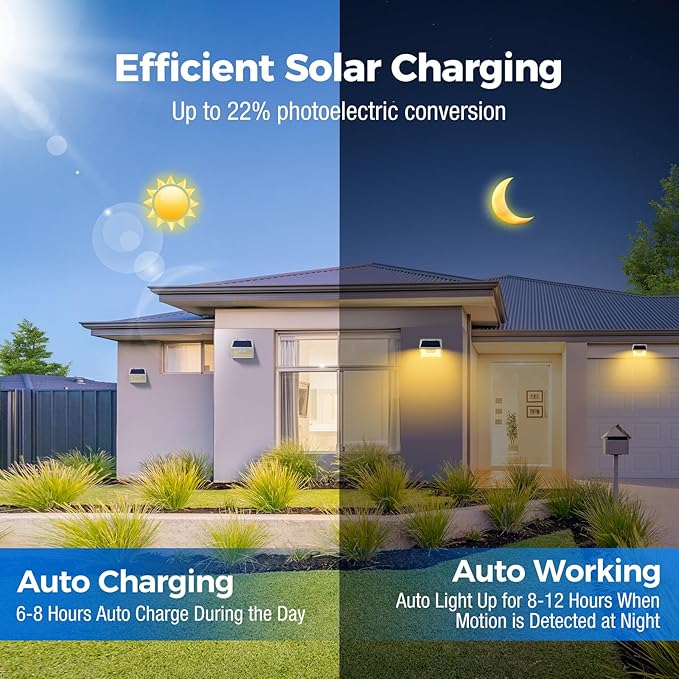 Peasur Solar Lights Outdoor Motion Sensor Waterproof, 8Pack 140LED White Solar Powered Fence Lights, 3 Modes Security Wall Lights for Garden Yard Outside Warm Peasur
