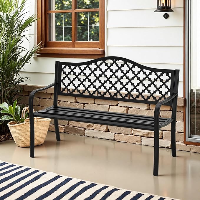 MFSTUDIO 50" Black Outdoor Metal Garden Bench, Cast Iron Frame Patio Furniture with E-Coating, Perfect for Porch and Yard MFSTUDIO