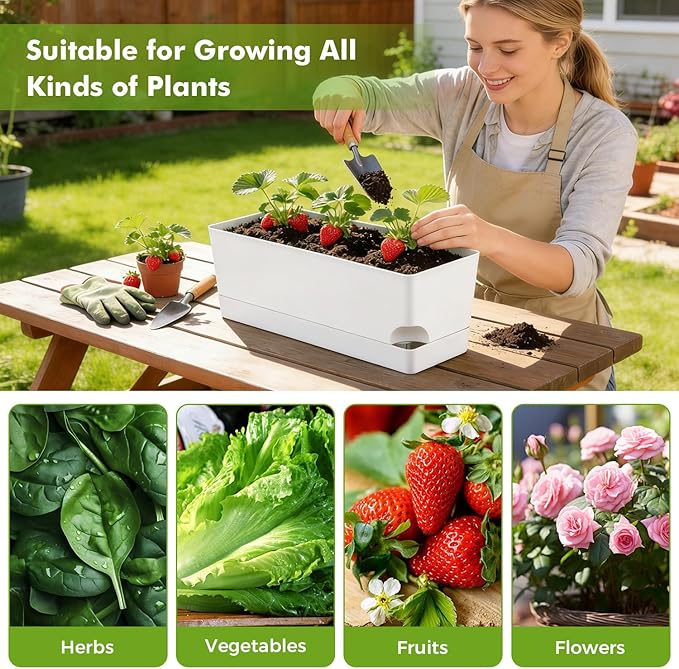 4 Pack Self Watering Pots for Indoor Plants 17 Inches Window Boxes Planters Rectangular Flower Pots Rectangle Herb Pots Large Plant Pots with Drainage Holes and Saucers Windowsill Planter, White KvyusFlourish