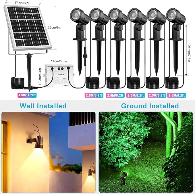 MEIHUA Solar Spot Lights Outdoor Color Changing, 6 in 1 Solar Landscape Lighting RGB Spotlights with Remote Control, IP66 Waterproof Solar Lights Outdoor Garden for Pathway Yard Pool Tree MEIHUA