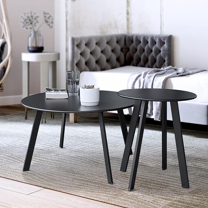 Patio Outdoor Coffee Table Set of 2 - Weather Resistant Outdoor Round End Table Modern Coffee Tables for Living Room Balcony Home Office (Black) Juserox