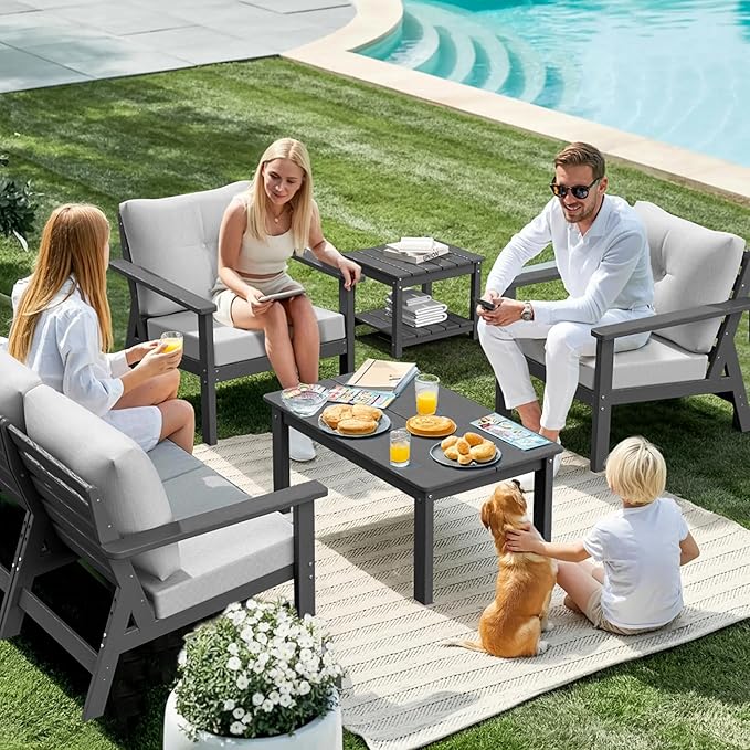 6-Piece HDPE Patio Furniture Set, Outdoor Sectional Sofa Set,All Weather Outdoor Couch with Dust-Free Cushions, Durable Patio Conversation Sets for Balcony, Porch, Gray Rootora