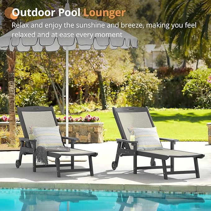 LUE BONA Chaise Lounge Chair Outdoor Set of 4, HDPS and HDPE Wicker Material, Patio Lounge Chair with Adjustable Backrest, Resin Pool Lounge Chairs with Wheels for Backyard, Poolside and Deck LUEBONA