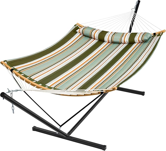SUPERJARE Hammock with Stand, 2 Person Heavy Duty Hammock with Padded Cotton, Detachable Pillow & Strong Curved-Bar & Portable Carrying Bag, Perfect for Outdoor & Indoor, Retro Green SUPERJARE