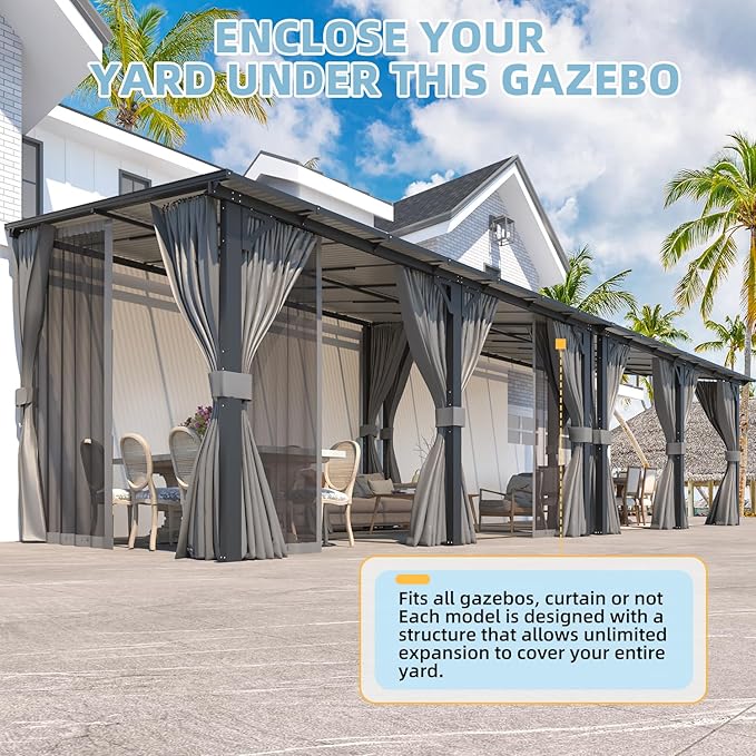 AECOJOY 14' x 12' Gazebo Outdoor Pergola with Curtains and Netting for Patio, Large Wall-Mounted Hardtop 12x14 Lean to Metal Heavy Duty Gazebo, Pergolas and Gazebos Clearance with Patio Roof Awnings AECOJOY