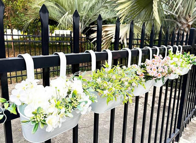 10" Hanging Flower Pots, Pack of 6 White Metal Outdoor Patio Balcony Planter, Railing Planters Fence Pot with Detachable Hook & Drainage Hole for Small Plants (White, 6Pcs) JOYFERNAL