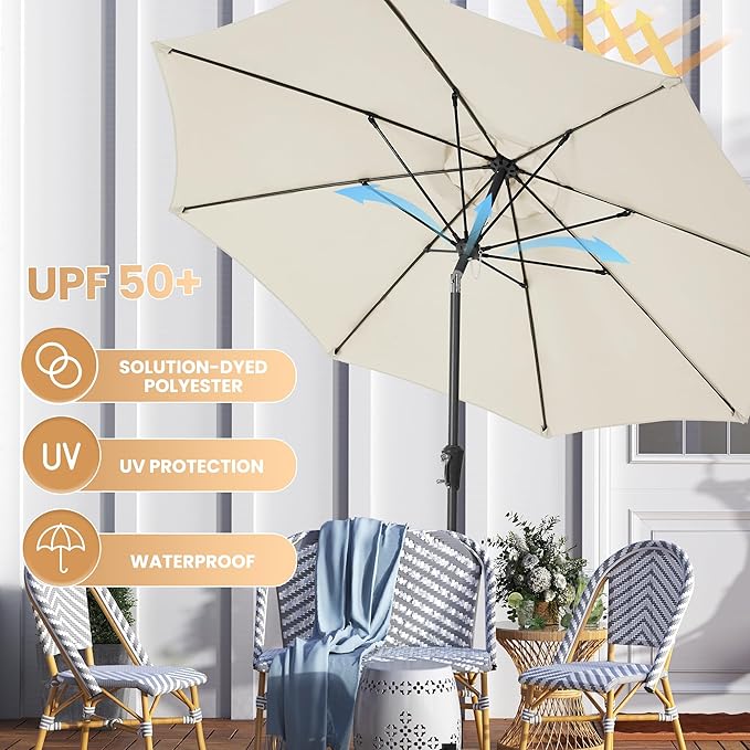 Ayge 9FT Large Outdoor Patio Umbrella Market Table Umbrella-UV Resistant, Easy Push Button Tilt and Crank, 8 Sturdy Fiberglass Ribs Heavy-Duty Pool Umbrella for Deck, Backyard,Garden,White AYGE