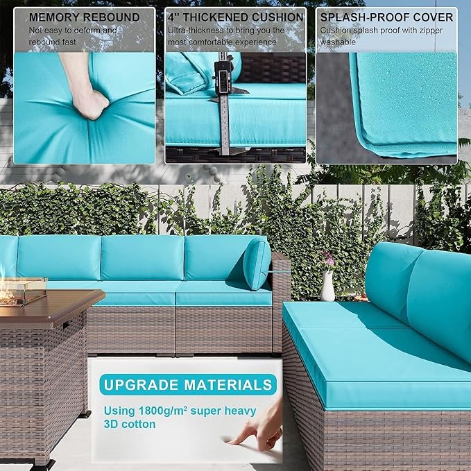 Kullavik 13 Pieces Outdoor Patio Furniture Set with 43" 55000BTU Gas Propane Fire Pit Table PE Wicker Rattan Sectional Sofa Patio Conversation Sets,Blue KULLAVIK