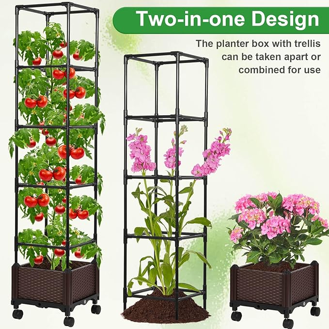 Lezmarket Self Watering Tomato Planter with Trellis for Patio, 55.9" Raised Garden Bed Planter Pot with Trellis, Plant Supports and Garden Shovel for Tomatoes, Climbing Plants Lezmarket