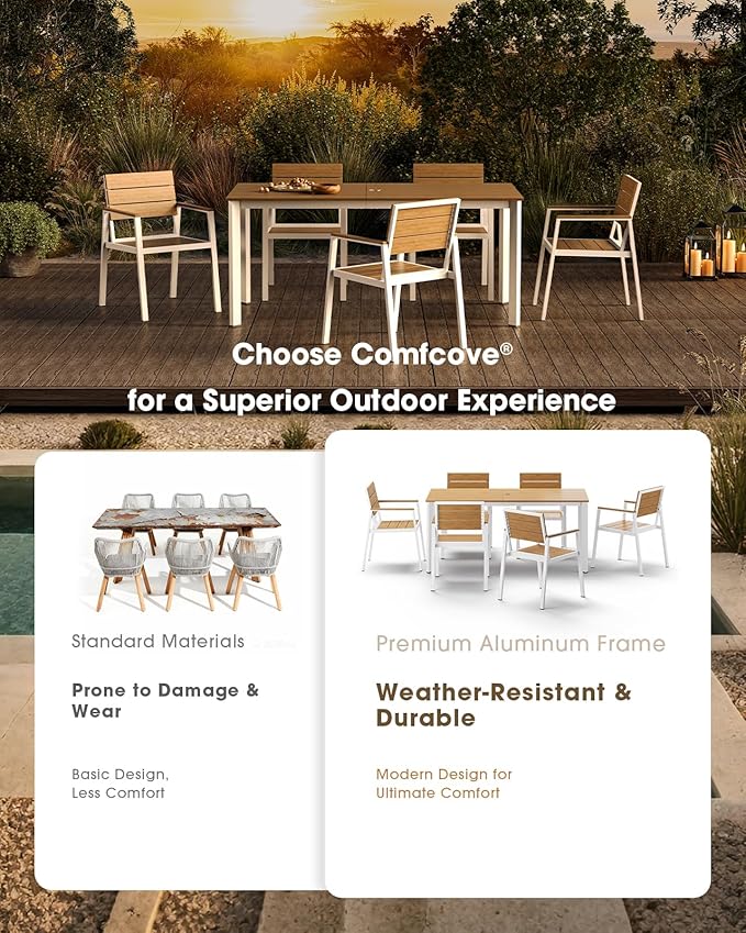 Outdoor Patio Dining Table, Aluminum & HDPS Outdoor Table with Umbrella Hole, All-Weather for Deck, Garden, Lawn, Backyard, Poolside (White & Teak) ComfCove