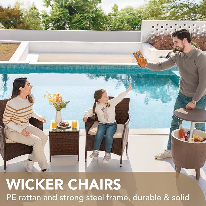 Devoko Patio Porch Furniture Sets 3 Pieces PE Rattan Wicker Chairs with Table Outdoor Garden Furniture Sets (Brown/Beige) DEVOKO