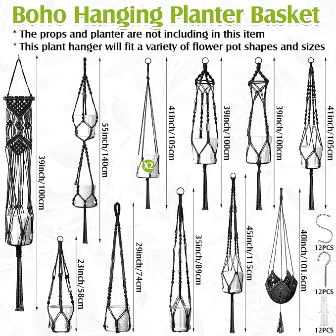 Hoteam 12 Pcs Macrame Plant Hangers Macrame Hanging Planters for Indoor Plants Handmade Boho Hanging Baskets Flower Pots Holder for Outdoor Home Wall Decor Hoteam