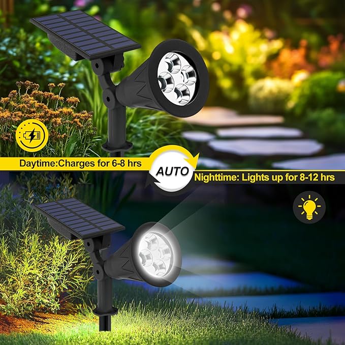 T-SUN Solar Spotlights, 4 LED Solar Powered Landscape Spotlights Waterproof Outdoor Lights Auto ON/OFF for Garden, Driveway, Yard, Patio, Pool Area (White-4 Pack) T-SUN
