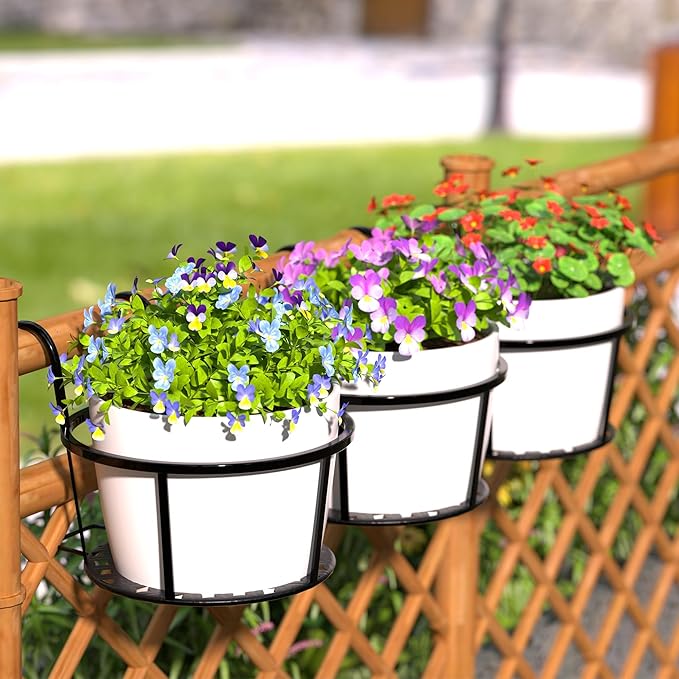 CADANI Iron Hanging Plant Holder Over The Rail Metal Fence Planters, Hanging Bucket Flower Pot Holder for Patio Balcony Outdoor Plants - Pack of 6 (Black) CADAINPlantStandOutdoor