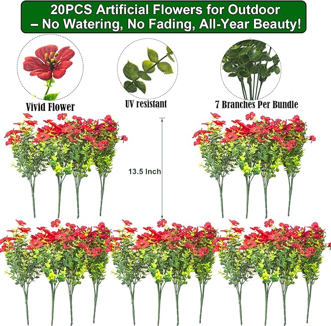 20 Bundles Artificial Flowers for Outdoors, UV Resistant Fake Plants Flowers Greenery Shrubs Plants for Decoration Outside Plants Hanging Planter Home Garden Decor (Red) Grunyia