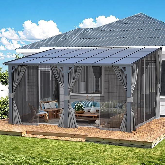 AECOJOY 14' x 12' Gazebo Outdoor Pergola with Curtains and Netting for Patio, Large Wall-Mounted Hardtop 12x14 Lean to Metal Heavy Duty Gazebo, Pergolas and Gazebos Clearance with Patio Roof Awnings AECOJOY