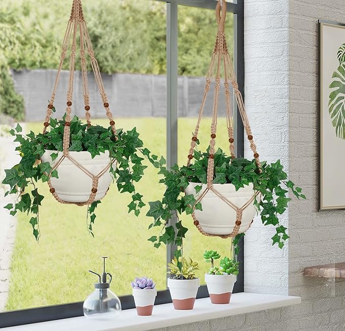 2PK 43 Inches Macrame Planter Hanger Large for 12 inch Pot + Swag Hook (Extra Long & Big) | Large Hanging Planter for Indoor Plants | No Tassel, Cotton Rope, NO Pot/Plant Included (Jute)(XL) Shineloha