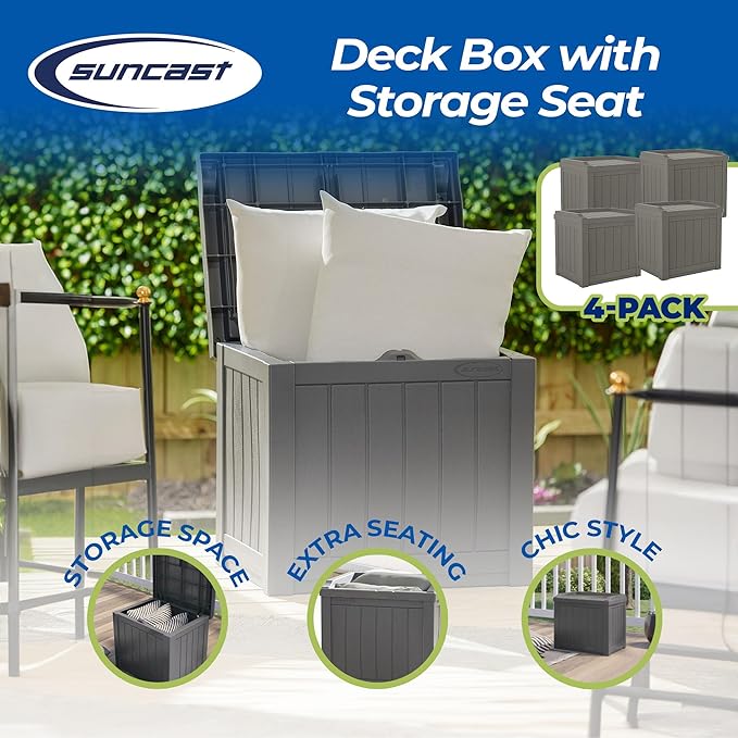 Suncast 22 Gallon Indoor or Outdoor Backyard Patio Small Storage Deck Box with Attractive Bench Seat and Reinforced Lid, Stone (4 Pack) Suncast