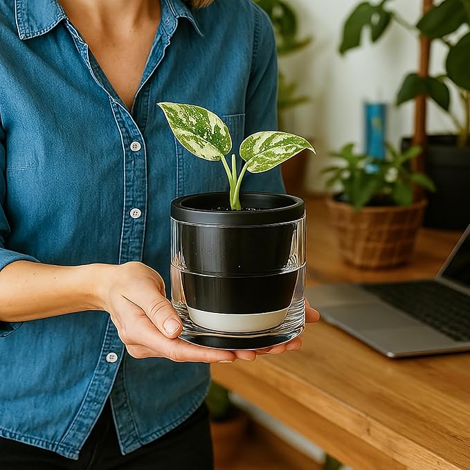 D'vine Dev 4 Inch Design Self Watering Planter for Indoor Plants, Black Terracotta Pot with Cylinder Glass Cup, Set of 4, 37-Z-A-3-F DvineDevPlanterPotsandStand