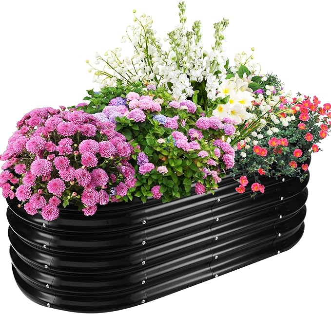 17" Tall Elevated Oval Metal Raised Garden Bed - 4ft x 2ft in Size and 0.8MM Thick Durable Planter Bed/Box for Vegetables Flowers Succulent at Patio/Garden Outdoor (Black, 4X2X1.4 FT) TBMLC