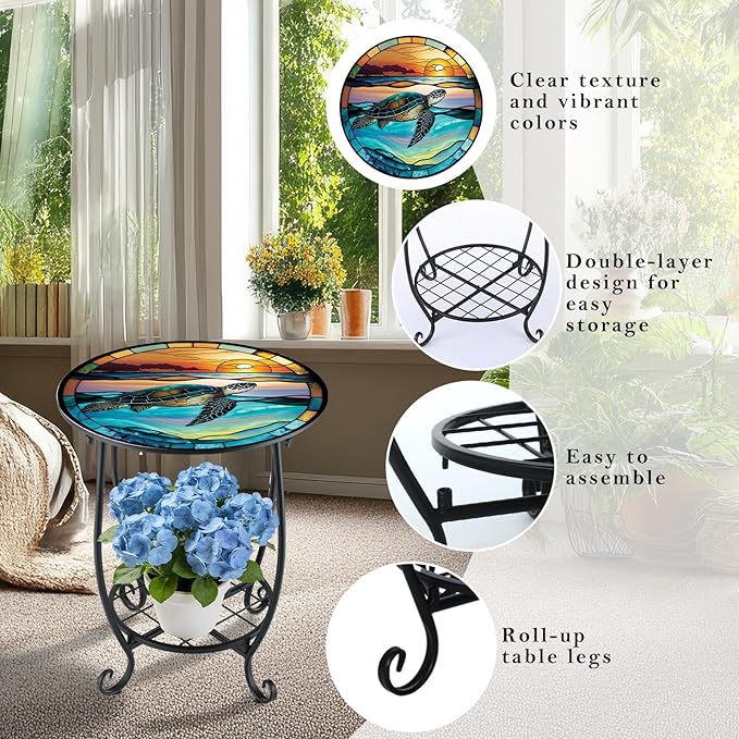 Outdoor Side Table Round Small Mosaic Patio Accent Indoor End Plant Coffee Tea Table for Yard Patio Porch Garden Living Room, Bedroom(Turtle Style,12 Inch) Cinnvoice