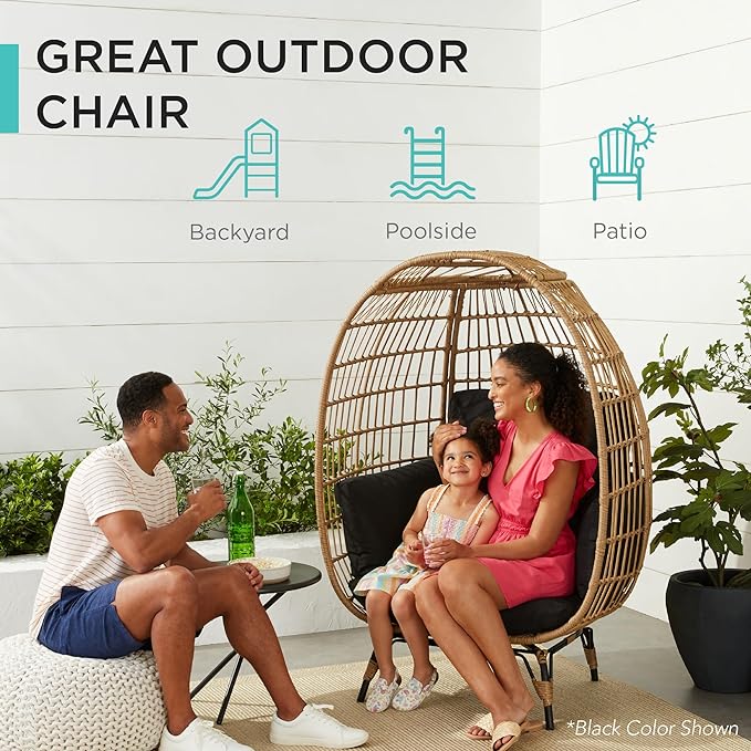 Best Choice Products Wicker Egg Chair, Oversized Indoor Outdoor Lounger for Patio, Backyard, Living Room w/ 4 Cushions, Steel Frame, 440lb Capacity - Ivory BestChoiceProducts