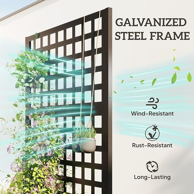 Outsunny Galvanized Raised Garden Bed with Trellis, Metal Planter Box with Drainage Holes, Outdoor Privacy Screen for Climbing Plants, Vegetable, Vines, 35" x 16" x 70", 2 Pack, Black Outsunny