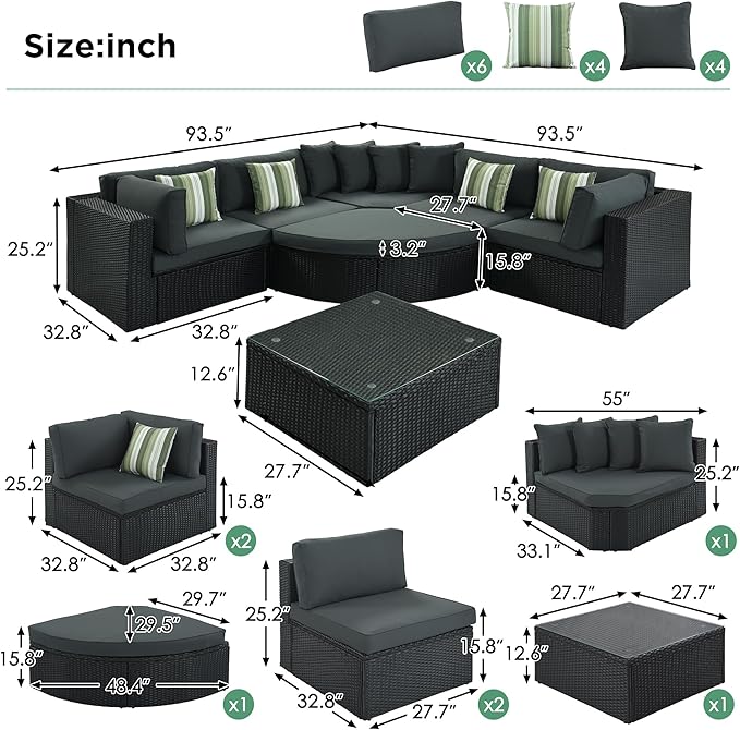 Merax 7-Piece Outdoor Wicker Sectional Sofa Set,Modular Rattan Conversation Set with Gray Cushions,Striped Green Pillows & Tempered Glass Coffee Table for Patio,Garden,Deck,Black Merax