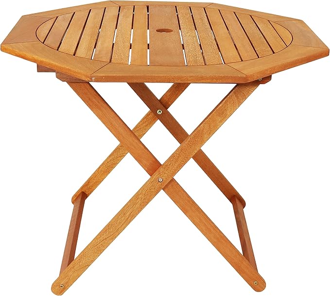 Sunnydaze Folding Meranti Wood Outdoor Dining Table with Umbrella Hole - Foldable Teak Patio Table - Teak Oil Finish - Octagon SunnydazeDecor
