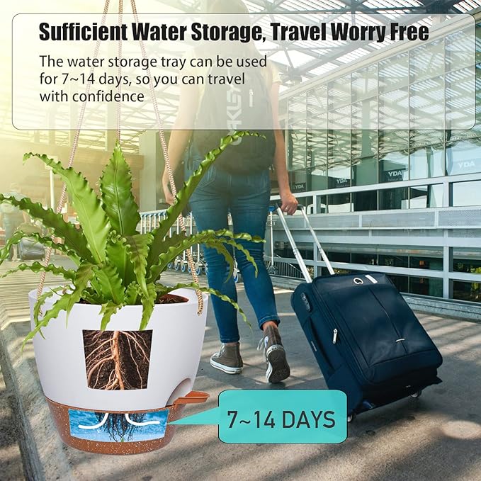 10 Inch Self Watering Hanging Pots, 2 Pack Hanging Planters with 40oZ Deep Reservior for Indoor Outdoor Plants Flowers, White with Brown SwinDuck