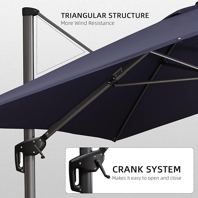 PURPLE LEAF 10' X 13' Patio Umbrella Outdoor Cantilever Rectangle Umbrella Aluminum Offset Umbrella with 360-degree Rotation for Garden Deck Pool Patio, Navy Blue PURPLELEAF