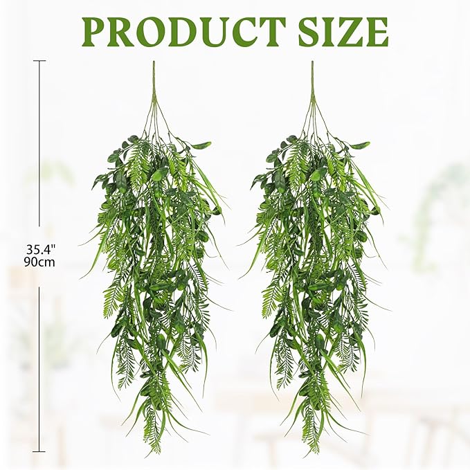 Hollyone 2pcs Artificial Hanging Plant 36" Faux Ferns Artificial Plastic Greenery Ivy Leaves Fake Vines for Wall Farmhouse Living Room Kitchen Shelf Garden Home Patio Indoor Outdoor Decor Hollyone