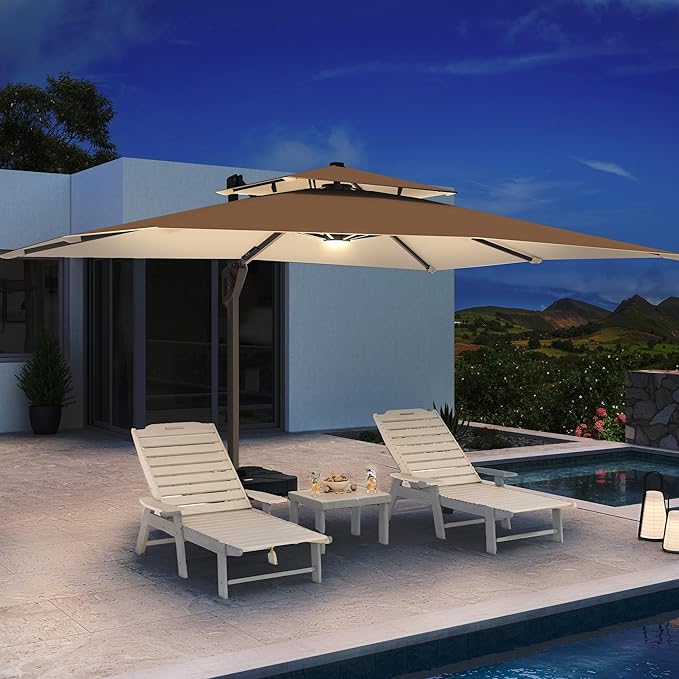 10 X 13 FT Cantilever Patio Umbrella with LED Lights Outdoor Heavy Duty Double Top Windproof Rectangle Offset Umbrellas with 360-degree Rotation for Pool Deck Backyard, Beige Ombrellon