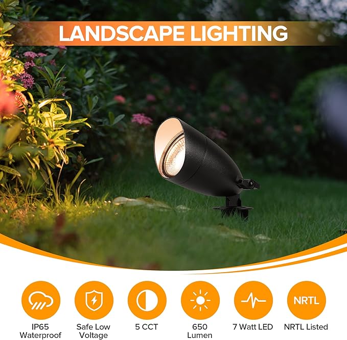LUTEC 5CCT 12V Low Voltage Landscape Lighting Die-cast Aluminum Spot Lights with Connectors, IP65 Outdoor Landscape Spotlights, 7W 650LM for Tree Garden, 8 Pack (No Transformer Kits) LUTEC