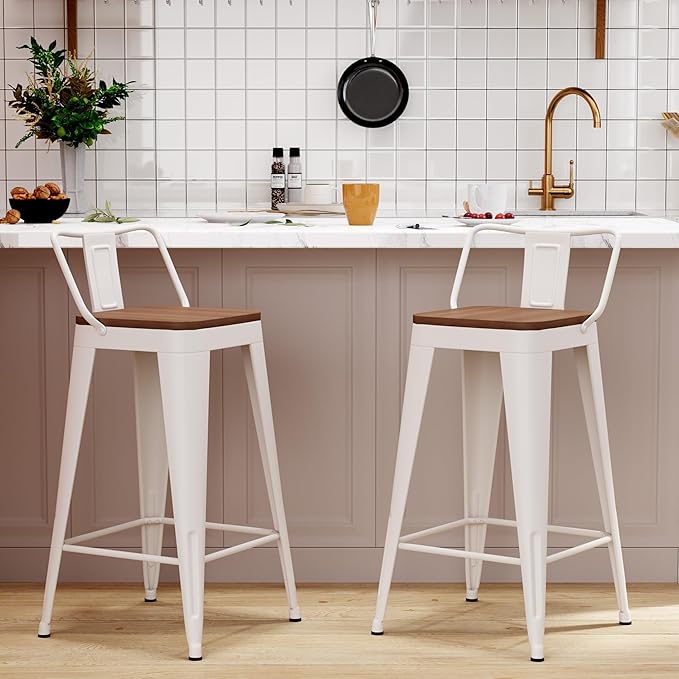 WENTMENT Metal Bar Stools Set of 2 Counter Height Barstools with Removable Back 26" Kitchen Bar Stools with Wooden Seat,Off White WENTMENT