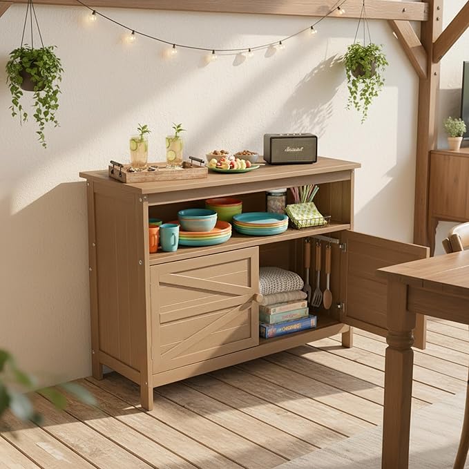 HIPS All-Weather Outdoor Storage Cabinet,Outdoor Sideboard with Magnetic Doors,3-Shelves Patio Storage Cabinet, Used for Garden,Buffet Cabinet,TV Stand, Bar Table,Balcony CONGFUTT