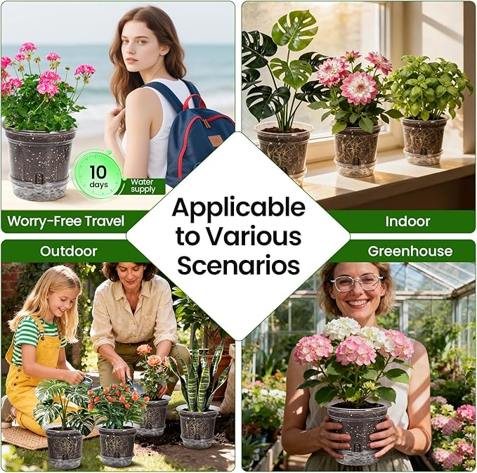 MIXC 12 Packs 6.5 Inch Self Watering Pots for Indoor Plants - Clear Nursery Plant Pots with Drainage, Deep Visible Reservoir - Flower Planter Outdoor with Wicking Rope MIXC