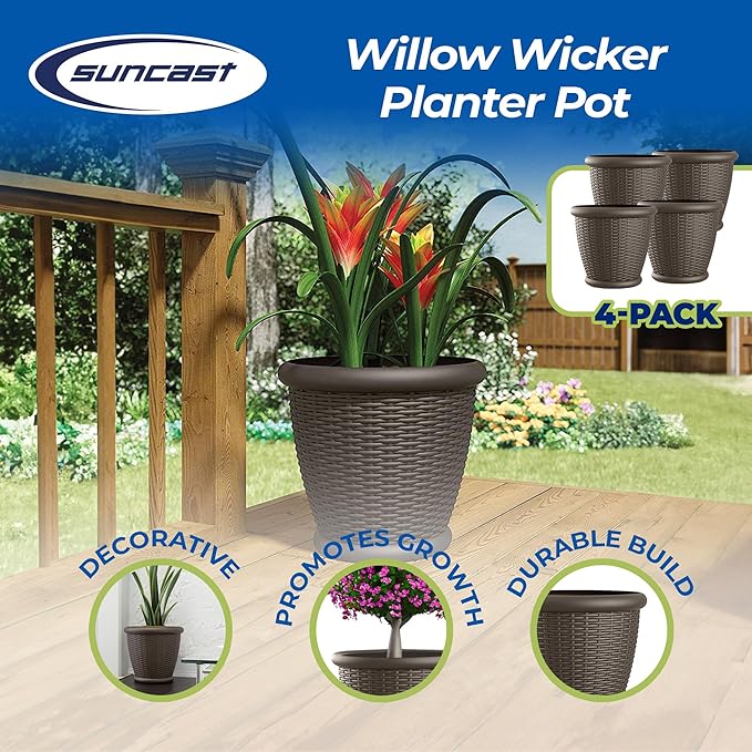 Suncast 4 Pack Wicker Planter w/ Drillable Drain Holes, Decorative Indoor/Outdoor Pot, 18in, Java Suncast