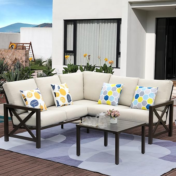 NATURAL EXPRESSIONS 6 Pieces Patio Furniture Sets, Metal Outdoor Sectional Furniture L Shape Patio Conversation Sets,Highback Frame,Metal Table,Large Waterproof Cover, 6.5" Olefin Cushions NaturalExpressions
