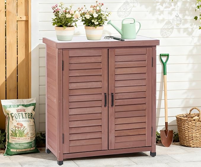 Outdoor Potting Bench with Storage Cabinet and Metal Top, Wood Workstation for Outdoor Patio, Garden (Dark Brown, 31x17x36‘’) Wood-Natrl