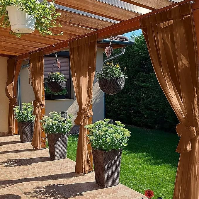 SpaceDresser Waterproof Outdoor Sheer Curtains for Patio - 2 Panels Rod Pocket Indoor Voile Sheer Curtain for Living Room,52W x 120L inch,Brown SpaceDresser