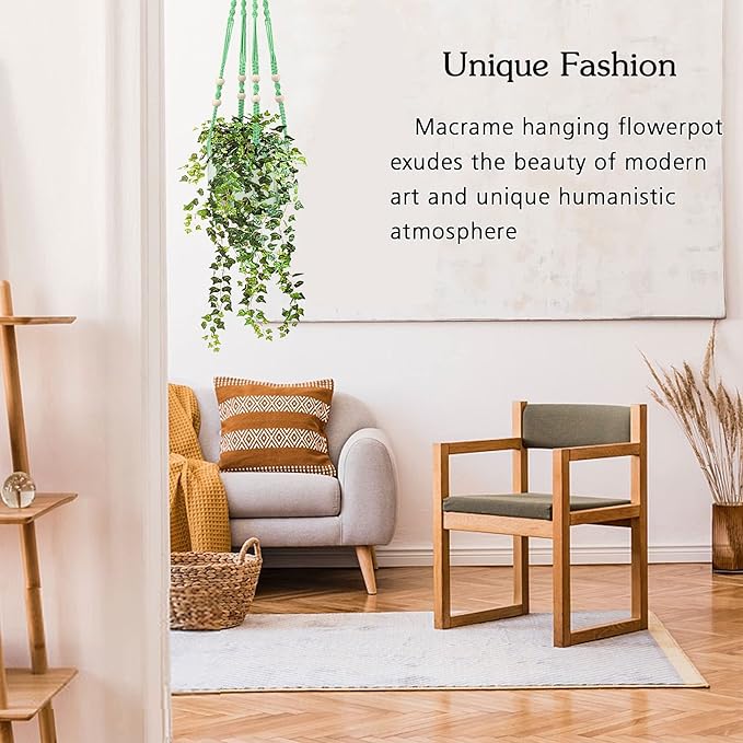 Augshy Macrame Plant Hangers Green Hanging Planters for Indoor Outdoor Home Decor, Hanging Plant Holder No Tassels Set of 2 with 4 Hooks Augshy