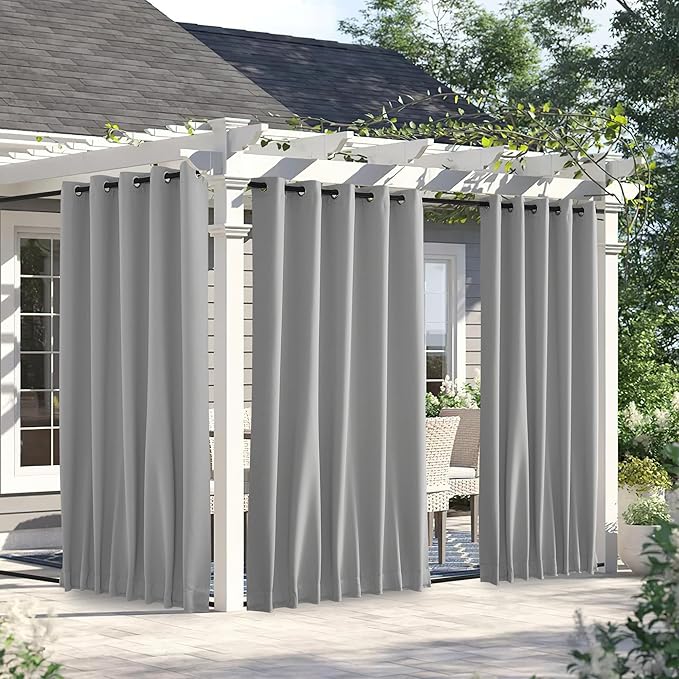 NICETOWN 2 Panels Outdoor Curtains for Patio Waterproof & Windproof, Thermal Insulated Top & Bottom Grommet & Back Tab Sun Blocking Outdoor Drapes with Fixed Rope for Gazebo, Silver Grey, W66 x L90 NICETOWN